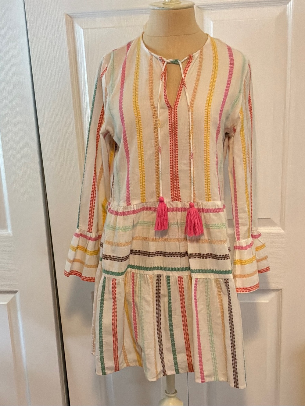 Pilyq White Multi-Stripe Tassel Shift Dress with Pink Accents
